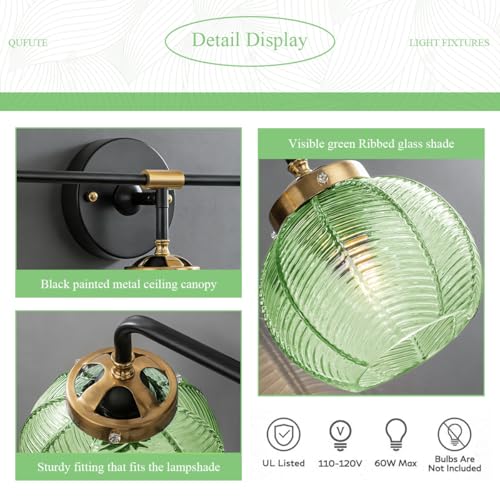 Image of Bathroom Light Fixtures Vanity Wall 3-Light Coastal Vanity Lights Emerald Green Vintage Wall Lamp with Glass Globe Shade Modern Glass Wall Vanity Lighting for Mirror Kitchen Cabinet