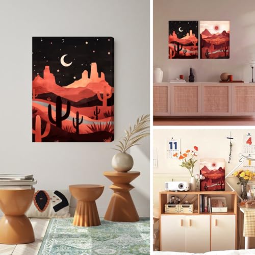 SERIMINO Boho Canvas Wall Art for Living Room, Western Desert Landscape Abstract Wall Art, Tropical Cactus Wall Decor Set of 2, Sun and Moon Art Prints for Dining Room Bedroom, 12 x16 inch
