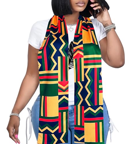 Afibi African Kente Print Stole Sash African Scarf Kente Stole Sash Unisex Kente Cloth Scarves (Dark Green)