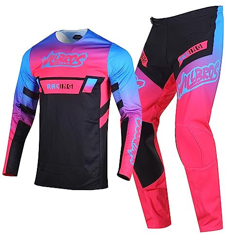Willbros Combinación de Pantalones Camiseta Motocross Maillot Jersey Moto Motocicleta de Enduro MX MTB BMX Ciclismo Cross Hombres Mujeres Rosa (Jersey XL Pants 36)