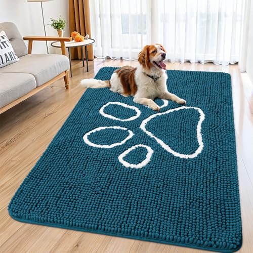 Image of Smiry Dog Door Mat for Muddy Paws, Absorbent Dirt Trapper Non Slip Quick Dry Washable Chenille Mat for Mud Dogs, Entry Rug for Indoor and Outdoor (59x35 Inches, Atlantic Blue and White)