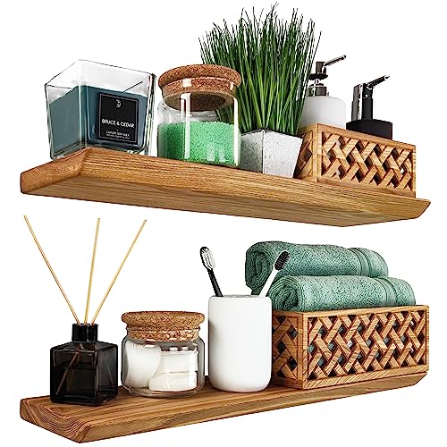 Wood Wedge Floating Shelves Set of 2, Ash Wood Hanging Shelf with Invisible Brackets for Bathroom Bedroom, Toilet, Kitchen