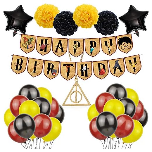 BlinBlin Decoraciones cumpleaños para fiestas de Harry Potter, globos de banner de feliz cumpleaños, estrella de cinco puntas, bola de flores papel, colgante de mago mágico, decoraciones fiestas