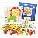 Wooden Pattern Blocks Set 120 Pcs Geometric Shapes Puzzle Classic Montessori Educational Tangram Toys with 24 Design Cards for 4-8 Year Old Kids