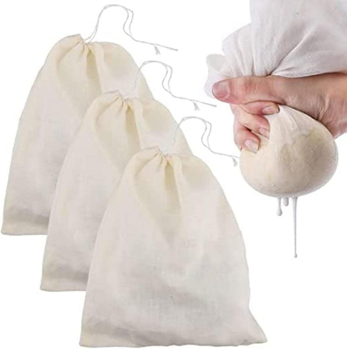 Muslin Cheese Cloth Bag for Kitchen, Unbleached Reusable Cotton Bags for Straining Juice as Strainer, Masala Potli, Spice Bag, Paneer, Curd, Cheese, Sprouting Beans-10x12inches 3 Pcs
