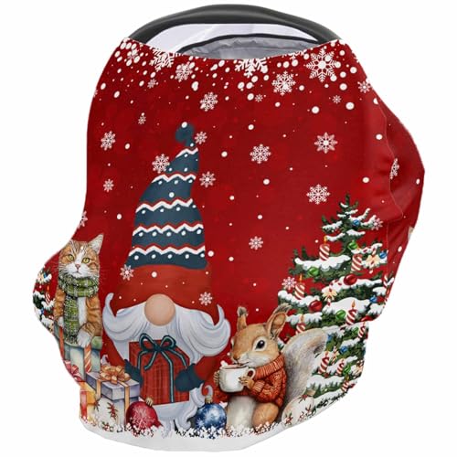 Nursing Cover for Breastfeeding Scarf, Merry Christmas Gnomes Xmas Tree Squirrel Cat Red Baby Car Covers Super Soft Multi Use for Canopy Shopping Cart Cover Blanket Stroller Cover
