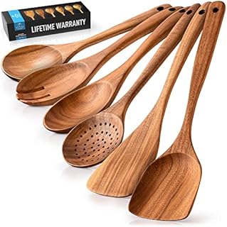 Zulay Kitchen Premium Wooden Utensils for Cooking - 6 Pc Set Non-Stick Soft Comfortable Grip Wooden Cooking Utensils - Smooth Finish Teak Wooden Spoon Sets for Cooking