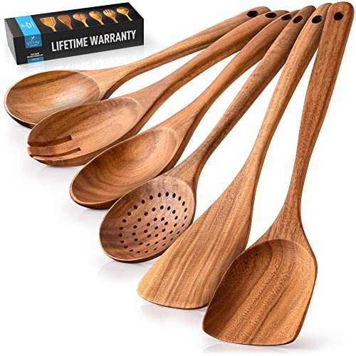 Zulay Kitchen 6-Piece Wooden Spoons for Cooking – Smooth Finish Teak Wooden Utensils for Cooking – Soft Comfort-Grip Wood Spoons for Cooking – Non-Stick Wooden Cooking Utensils – Wooden Spoon Sets