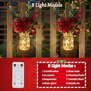 Tqsmsp 2pcs christmas mason jar wall decor handmade rustic wall sconces with remote control timer led fairy lights and red berry flowers hanging mason jar for xmas rustic home decor red  urban country home decor
