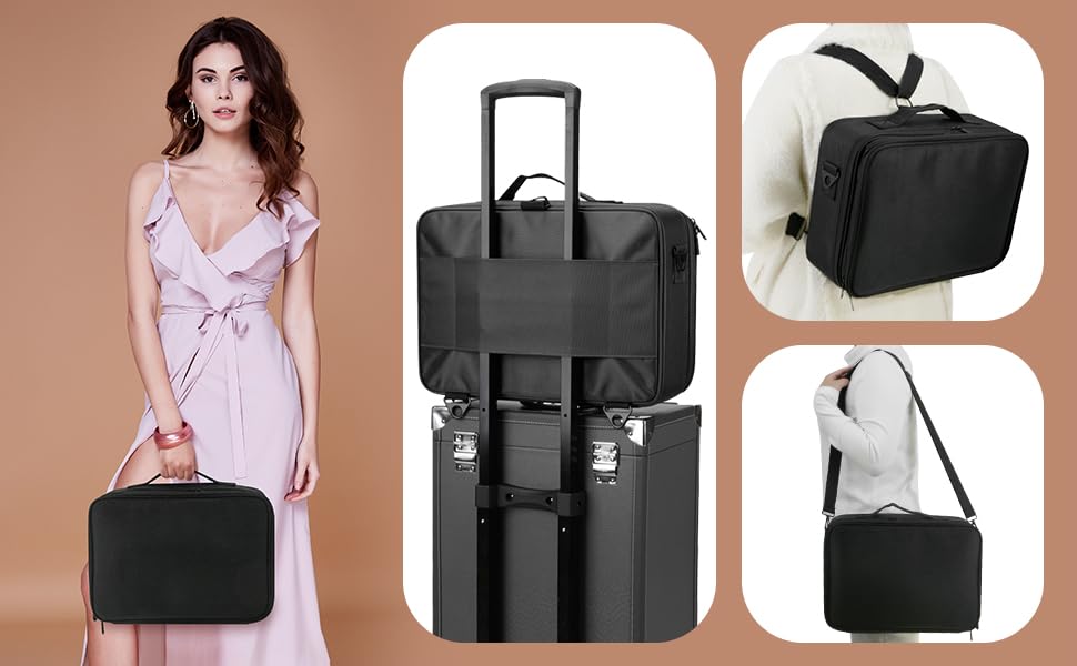 Image of Adson Large Makeup Bag 3 Layers Professional Train Cosmetic Bag Makeup Organizer Case Artist Storage Brush Box with Adjustable Dividers and Strap for Makeup Accessories (Metallic Black)