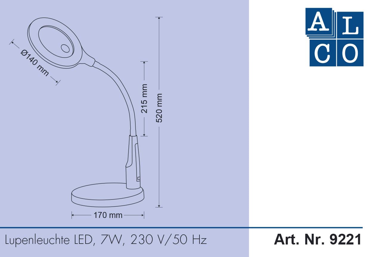Alco-Albert - LED Lupenleuchte mit 14 cm Lupe weiß | Vergrößerungsleuchte mit 3,5 Zoll Glaslinse, 3 und 12 Dioptrien, für Basteln, Lesen und Feinarbeiten