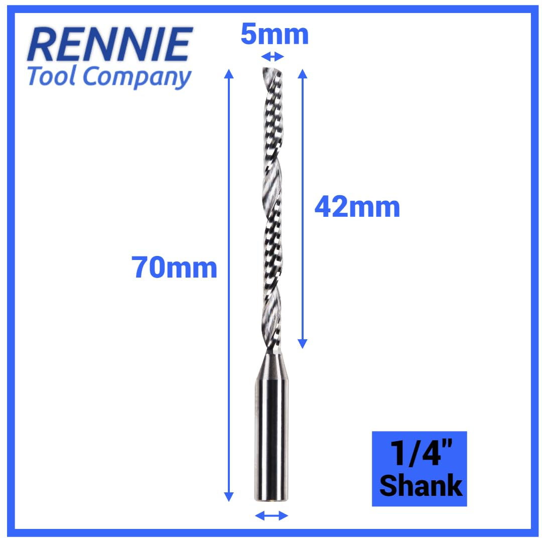 Rennie Tools 5mm x 42mm Flute x 1/4" Shank Solid Carbide Single Flute Spiral Router Cutter Bit End Mill for ACM Aluminium - Image 2