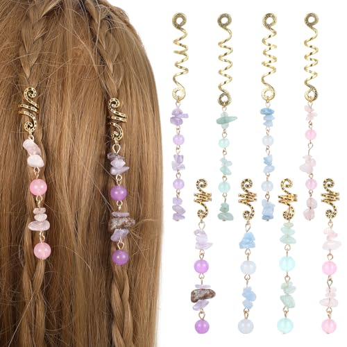 8 Pcs Natural Crystal Stone Dreadlock Accessories Colored Pendant Hair Jewelry Spirals Loc Clips Hair Charms Braid Accessories for Women Girls Braid Hairstyle Decor
