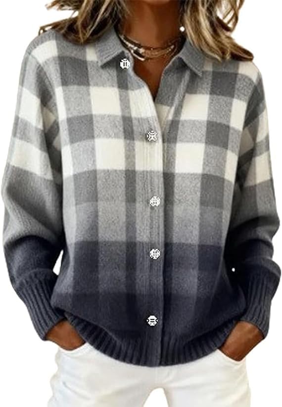 Womens Plaid Print Casual Cotton Buttoned Cardigan Sweater Collared Cardigan Cropped Knitted Winter Top