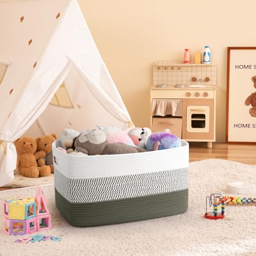 Image of OIAHOMY Large Blanket Basket, 22 inchx17 inchx12 inch Rectangle Woven Baskets, Nursery Blanket Storage Living Room, Toy Storage With Handle, Large Baskets for Organizing-Green /White