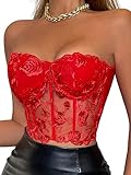 SHENHE Women's Lace Strapless Floral Embroidery Sexy Bustier Fitted Crop Tube Top Red Small