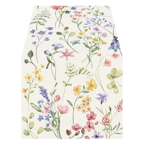 Camino de mesa de lino floral en acuarela para tocador, bufanda, decoración de primavera, flores coloridas, hojas, caminos de mesa, vacaciones, boda, fiesta (120 x 33 cm)