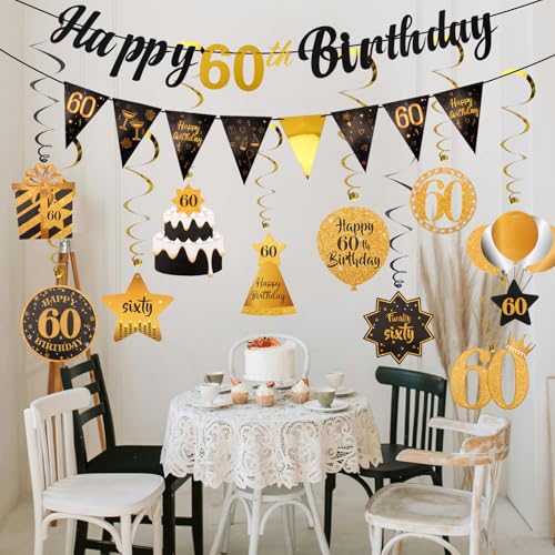 Image of Black & Gold 60th Birthday Decoration Kit - Happy 60th Birthday Decorations for Women & Men with 10PCS Hanging Swirls