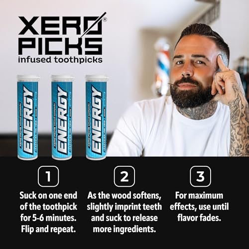 Image of Xero Picks Energy Caffeine Flavored Toothpicks B12 for Focus & B6, 60 Picks (Pack of 3) (Cool Mint) Sugar-Free Alternative to Energy Mints & Gum - Kosher