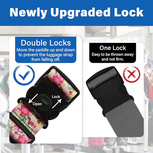 Image of Luggage Straps for Suitcases, Travel Adjustable Belt with Quick Release Buckle, Heavy Duty Nylon Bag Packing Strap, Unique Bright Identifiers Business Travel Accessories (2 Pack) - Pink Flowers