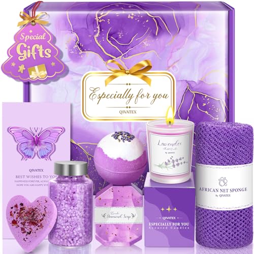 Qivatex Valentines Day Gifts for Her, Bath Gift Set for Women, Birthday Gifts for Wife Women Sister Mom Auntie Grandma Friends, Relaxing Spa Self Care Lavender Bath Bombs Set﻿