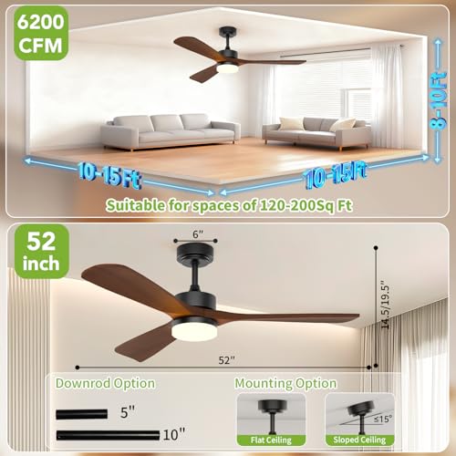 Image of Ceiling Fans with Lights, Solid Wood Blade, 45 W Reversible DC Motor <20 dB Ultra-Quiet for Home Living, 3 CCT, 6 Speeds, 6200 CFM, 52 Inch Suitable for Indoor and Outdoor