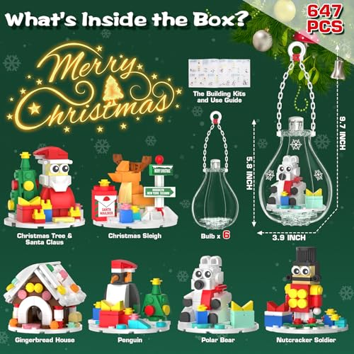 2026 Light-Up Christmas Ornament Building Kit — 647 PCS Holiday Building Blocks Set for Kids and Adults, Featuring Gingerbread House, Santa, Reindeer, Polar Bear, Nutcracker Soldier & Penguin — view 3