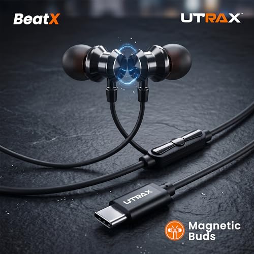 Image of UTRAX BeatX Type-C Wired Earphones with Mic | 14.2mm Driver, High Bass Stereo Sound | Magnetic Metal Earbuds | 1.2M TPE Anti-Tangle Cable | USB-C Earphones for Android Devices | Black