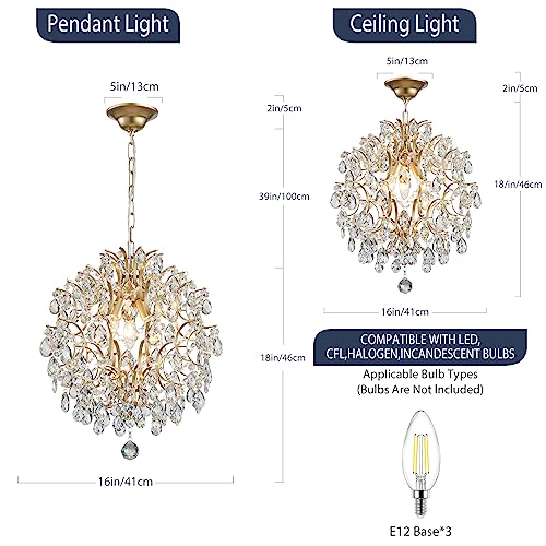 BESTIER Gold Modern Pendant Chandelier Crystal Raindrop Lighting Ceiling Light Fixture Lamp for Dining Room Bathroom Bedroom Livingroom 3 E14 Bulbs Required Diameter 40 cm Height 45 cm - Cosy Home Interiors BESTIER Gold Modern Pendant Chandelier Crystal Raindrop Lighting Ceiling Light Fixture Lamp for Dining Room Bathroom Bedroom Livingroom 3 E14 Bulbs Required Diameter 40 cm Height 45 cm - Image 3