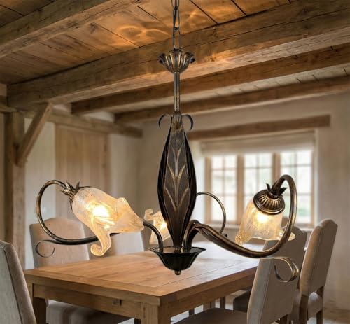 Mondocreazioni Lampadario a 3 luci classico in ferro battuto e vetro realizzato e decorato artigianalmente coll. scott
