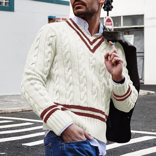 Mens Fashion Knitted Sweater Color Block Striped Thermal Sweater V Neck Jacquard Warm Tops Fall Winter Pullover Tops3