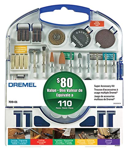 Dremel 709-02 110-Pieces All-Purpose Rotary Tool Accessory Kit- Includes a Carving Bit, Sanding Drums, Grinding Stones, Cutting Discs, and a Storage Case, Gray
