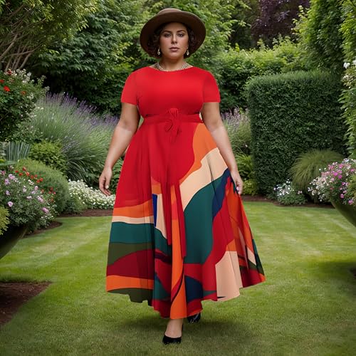 Image of Hostoyo Women Plus Size Formal A Line Maxi Dress Self Tie Waist with Pockets Elegant Round Neck Swing Long Dresses