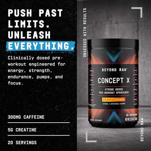 Image of BEYOND RAW Concept X, Clinically Dosed Pre-Workout Powder, Contains Caffeine, L-Citrulline, Creatine, and Beta-Alanine, Orange Mango, 20 Servings | Clinically Dosed Formula with Caffeine, Creatine, L-Citrulline, and Beta Alanine to Support Energy, Strength, and Endurance