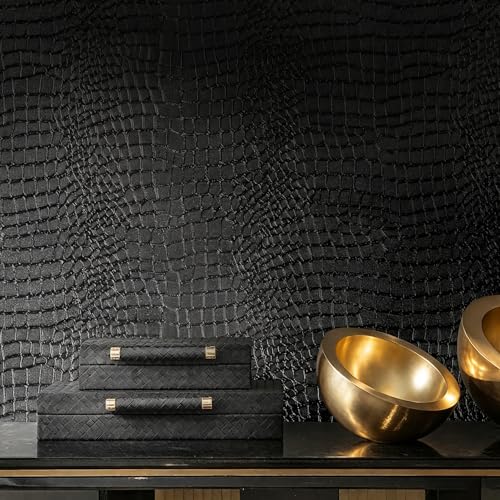 Micpolo Peel and Stick Wallpaper Black Crocodile Wall Paper Modern Textured Self-Adhesive Removable Contact Paper Thicken Waterproof Easy to Clean Decorative for Bedroom Bathroom Film 118 x15.75