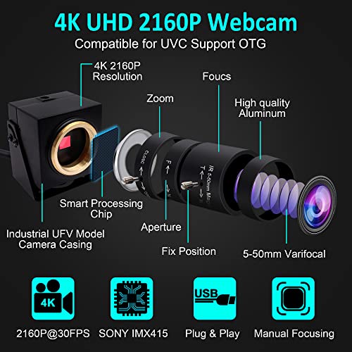 ELP 4K USB Camera Variable Focus 5-50mm 10X Zoom Varifocal Camera Ultra HD 2160P Webcam, Plug and Play Web Conferece Camwith IMX for Windows/Linux/Android/Raspberry pi USB4K03-UFV(5-50)