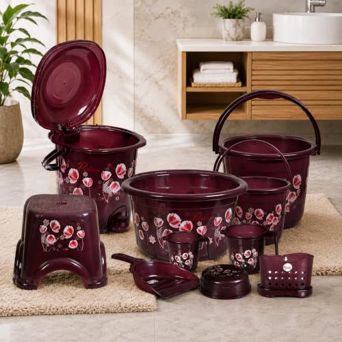 Image of Heavy Duty Virgin Plastic Large Capacity 16 L Bucket, 5 L Bucket, Patla, Deep Tub, Dustbin, 1.5 L Mug, 1 L Mug, Soap Case, Dustpan, Tooth Brush Stand Bathroom Set (Chocolate, King)
