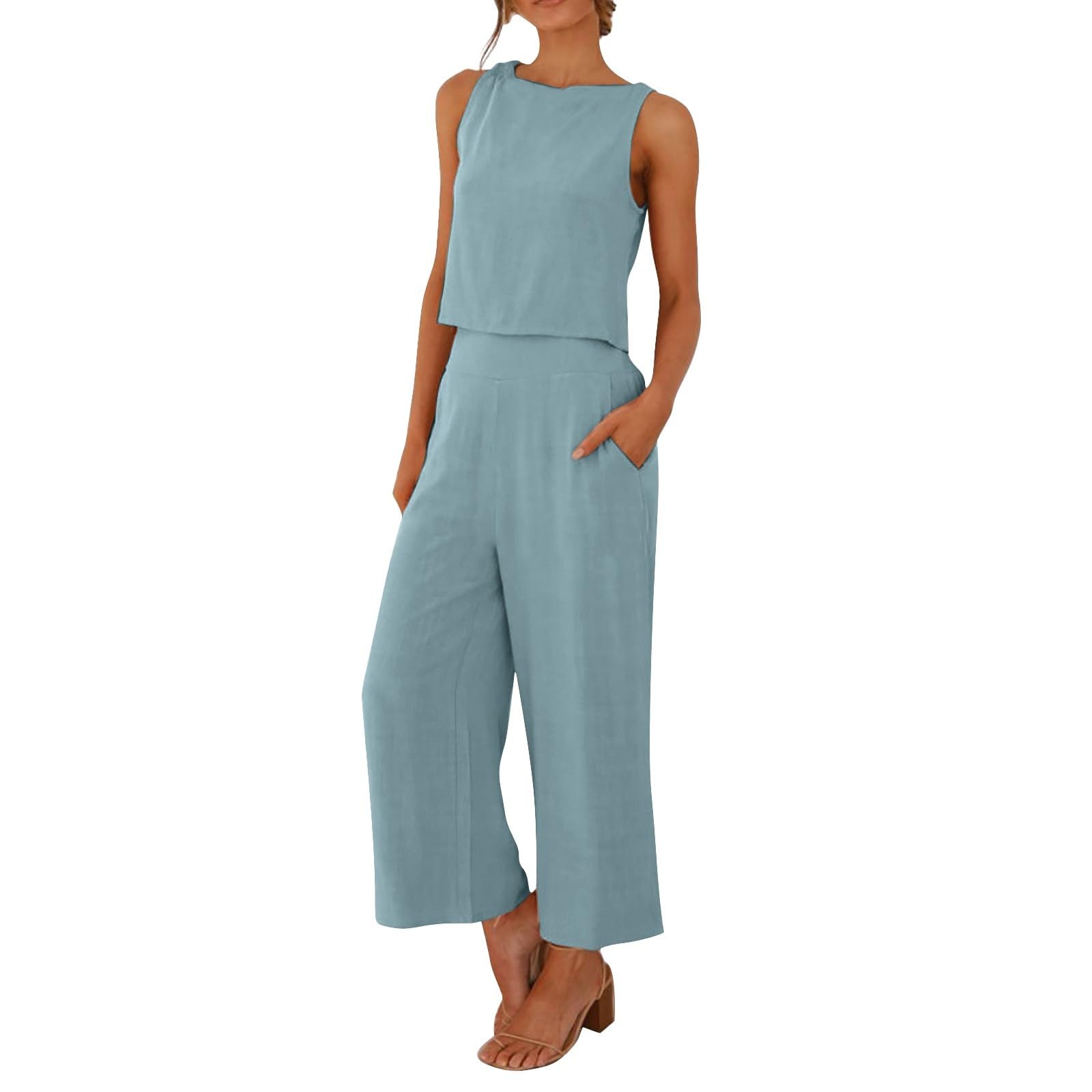 riou 2024 Conjunto Dos Piezas Mujer Casual Camiseta sin Manga y Pantalones de Piernas Anchas 7/8 Algodón y Lino Moda Cómodo Color sólido Traje de Pantalones y Blusa