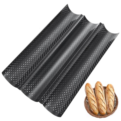 sengcengs Baguetteblech für 3 Baguettes, Brötchen Backform aus Karbonstahl, Baguette Backform mit Antihaftbeschichtung, Baguette Backblech, Schwarz, Ideal für die Herstellung von Backgeräten