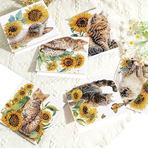 Image of AiYuanzsh 6-Pack 5D Diamond Painting Greeting Cards with Envelopes, Cat Sunflower Pattern DIY Crystal Rhinestone Diamond Art Cards, Laser Effect Postcards for Birthday, Thank You, and Gift Giving
