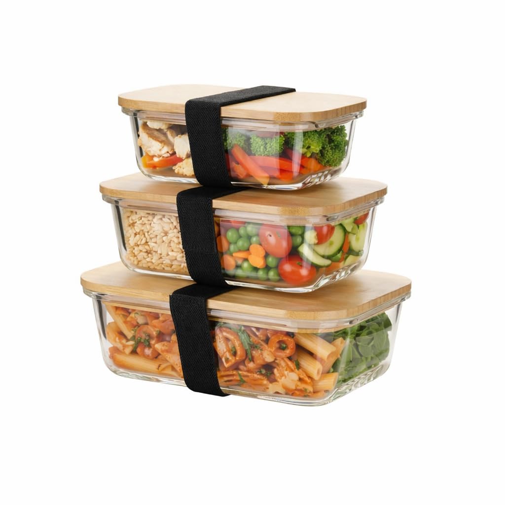 Houszy Bamboo Glass Food Storage Containers With Lids, Set Of 3 Rectangular Borosilicate Glass Meal Prep Containers, 370Ml 640Ml 1050Ml, Airtight, Microwave And Oven Safe