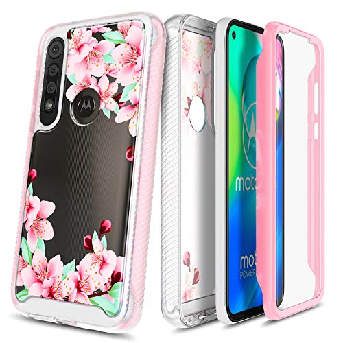 E-Began Moto G Power Case with [Built-in Screen Protector], Full-Body Shockproof Protective Bumper Cover, Impact Resist Durable Cute Case for Motorola G Power (2020) -Flower Design Peach Blossom