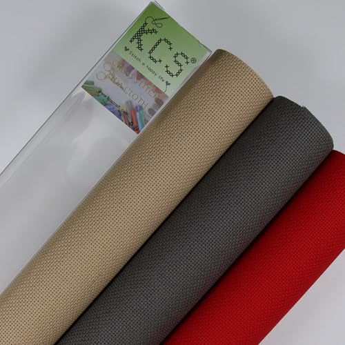 Image of KCS 3 pc of 15 inch x 18 inch(38cmx45cm) Counted Cross Stitch Cotton Aida Cloth Needlework Rolled Fabric Box,18CT,Red+Khaki+Dark Grey