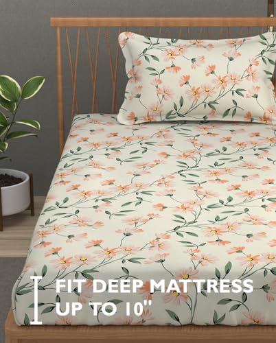 Image of FRESH FROM LOOM Single Bed Microfiber Floral Print Bedsheet - 240 TC, Hypoallergenic, 1 Pillow Covers (Size- 60 x 90 Inch | Barely-Peach)