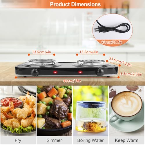Image of 2000W Electric Portable Double Burner Coil Heating Hot Plate Stove | Countertop RV Hotplate Temperature Controls Easy to Clean for Camping RV Kitchen (Black)