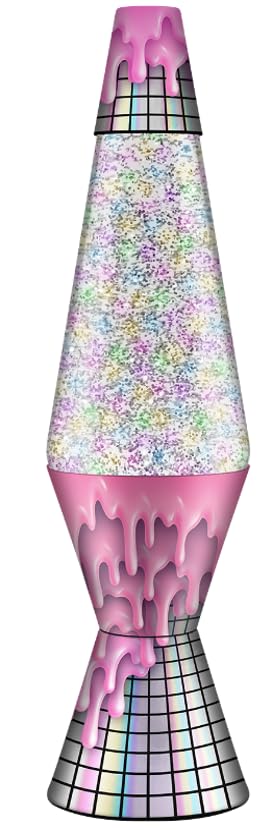 Spencer Gifts Lava® Lamp - 14.5" Drippy Disco - The Original Motion Lamp - Silver and Rainbow Glitter and Clear Liquid with Pink Drips on Disco Ball Printed Base Exclusive