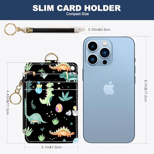 Image of Slim Wallet Credit Card Holder, Dinosaurs, RFID Wallet Women Cute Small Front Pocket Wallet With Zipper, PU Leather Thin travel RFID Blocking Card Case ID Window ,Ladies Gifts