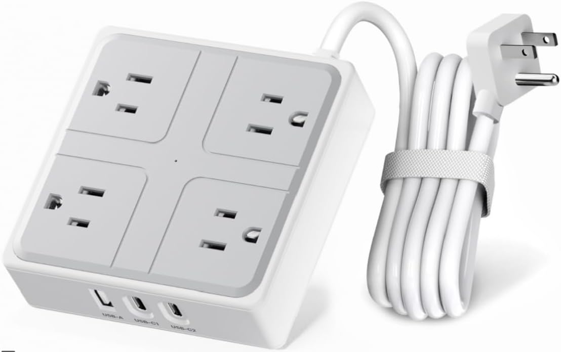 Flat Plug Power Strip with USB Ports – 4 Outlets, 2 USB-A & 1 USB-C, 6 Ft Extension Cord, Compact Surge Protector for Home, Office & Dorm