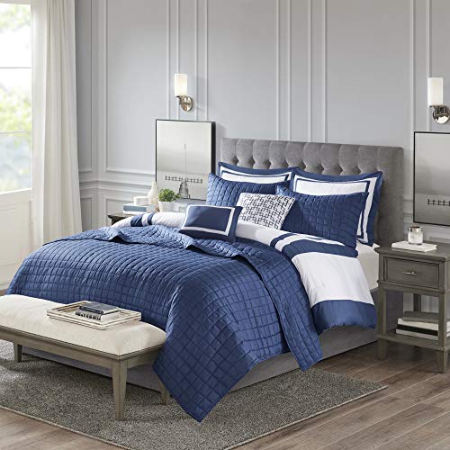 Image of Madison Park Heritage Comforter Quilt Combo Set - Modern Luxury Design, All Season Down Alternative Bedding, Matching Shams, Decorative Pillows, Full /Queen(90 inchx90 inch), Color Block Navy 8 Piece