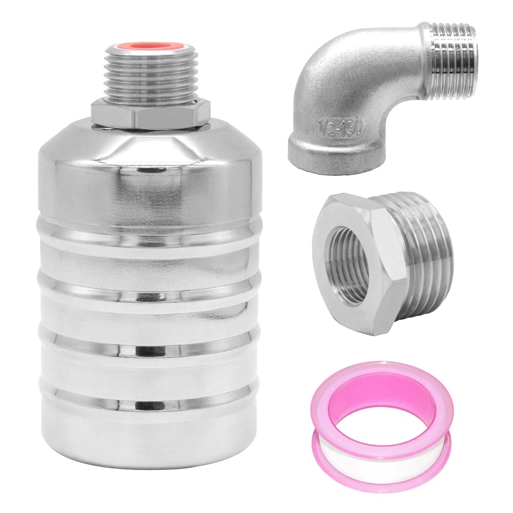 Joywayus 304 Stainless Steel Float Valve G1/2 Male Thread Connection Automatic Water Level Control Valve Mini Valve with GHT Bushing and NPT Elbow